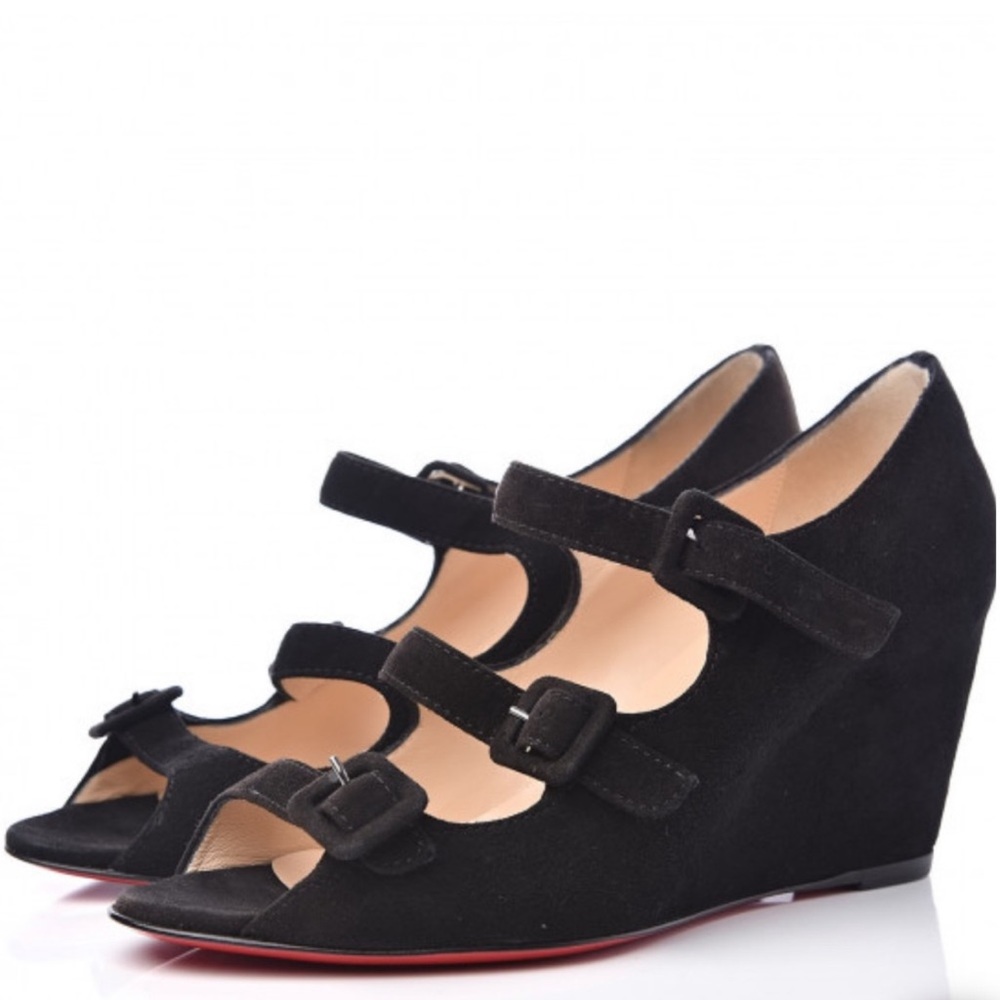 NEW Christian Louboutin Veau Velours Black 70 Open Toe Buckle Wedges Size 8.5